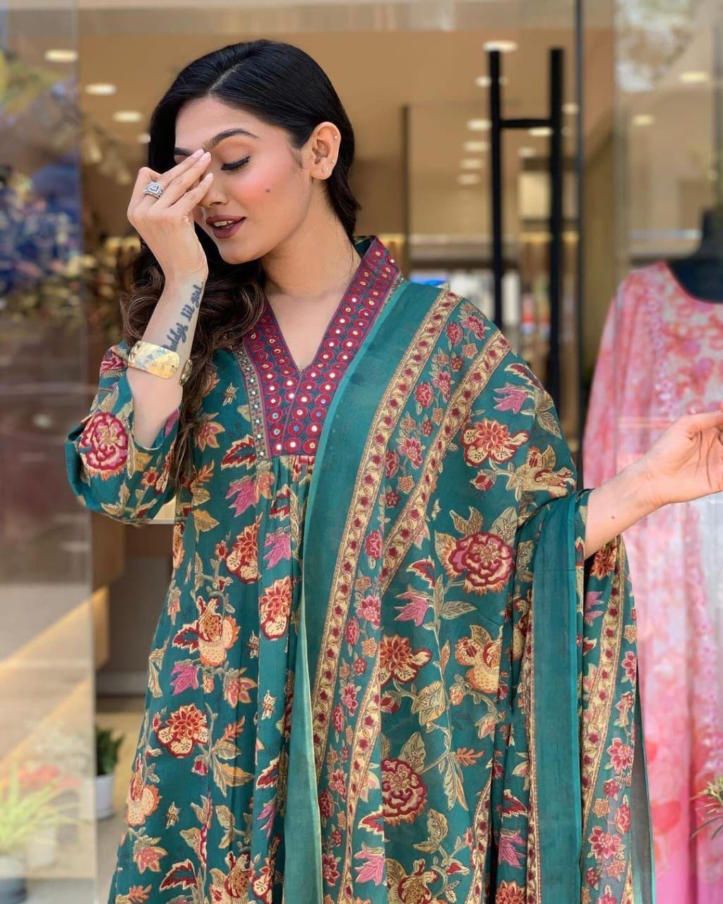 Green Floral A-Line Kurta Set