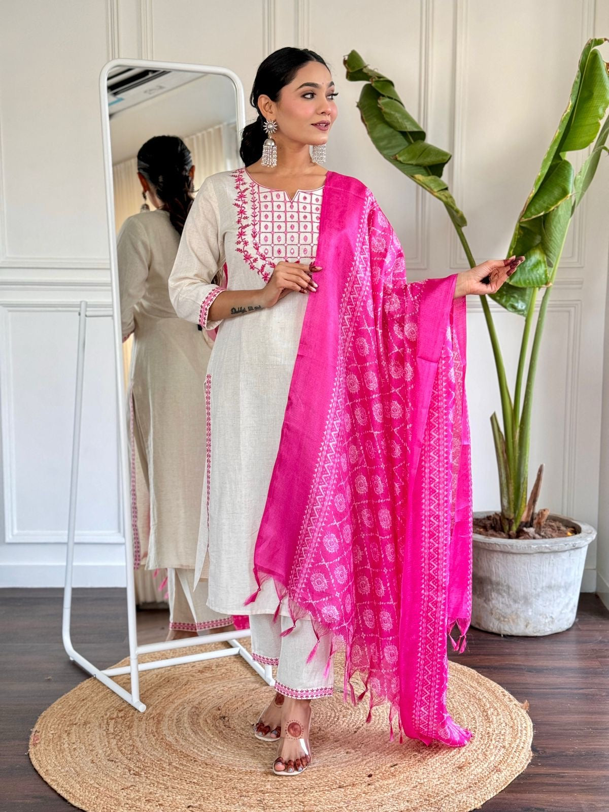 Elegant White & Pink Embroidered Kurta Set