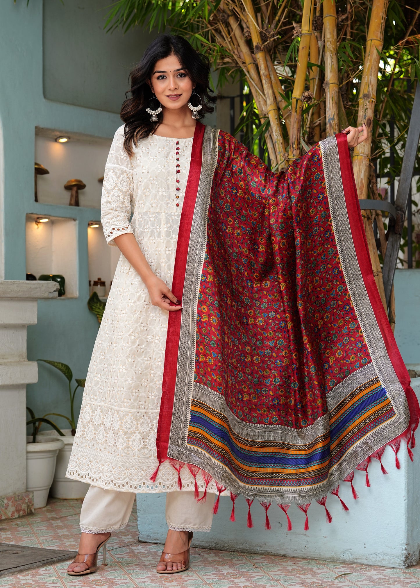 White Serenity: Chikankari Cotton Kurta Set with Dupatta