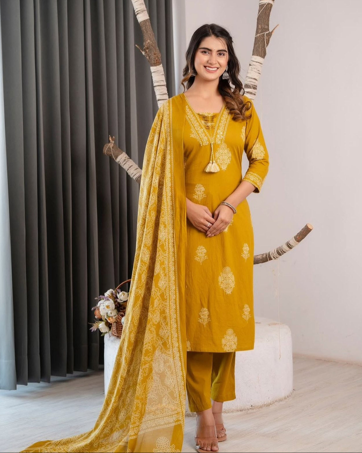 Mustard Yellow Ethnic Printed Cotton Suit Set
