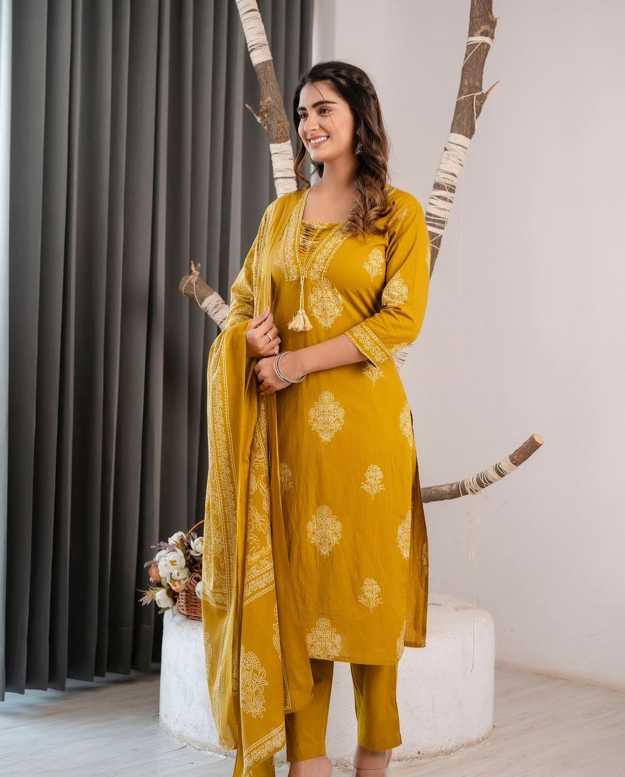 Mustard Yellow Ethnic Printed Cotton Suit Set