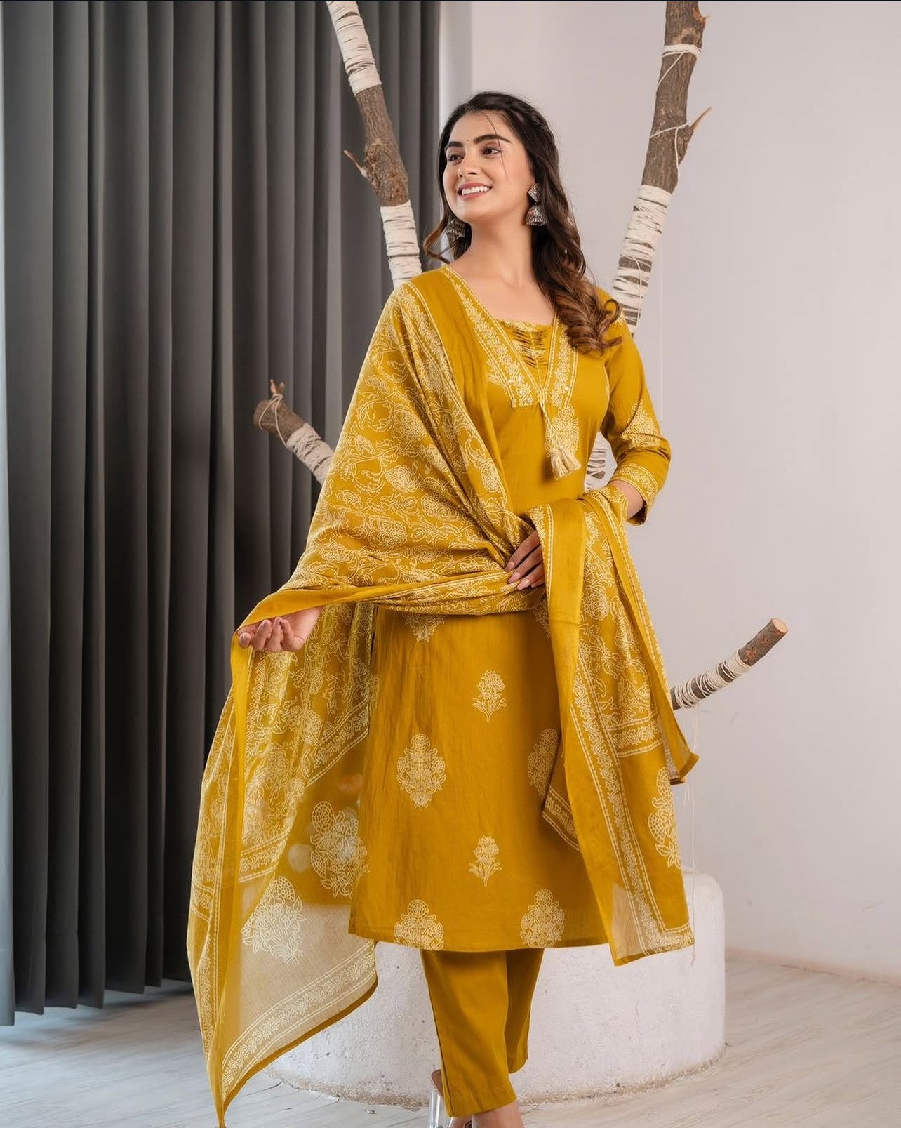 Mustard Yellow Ethnic Printed Cotton Suit Set