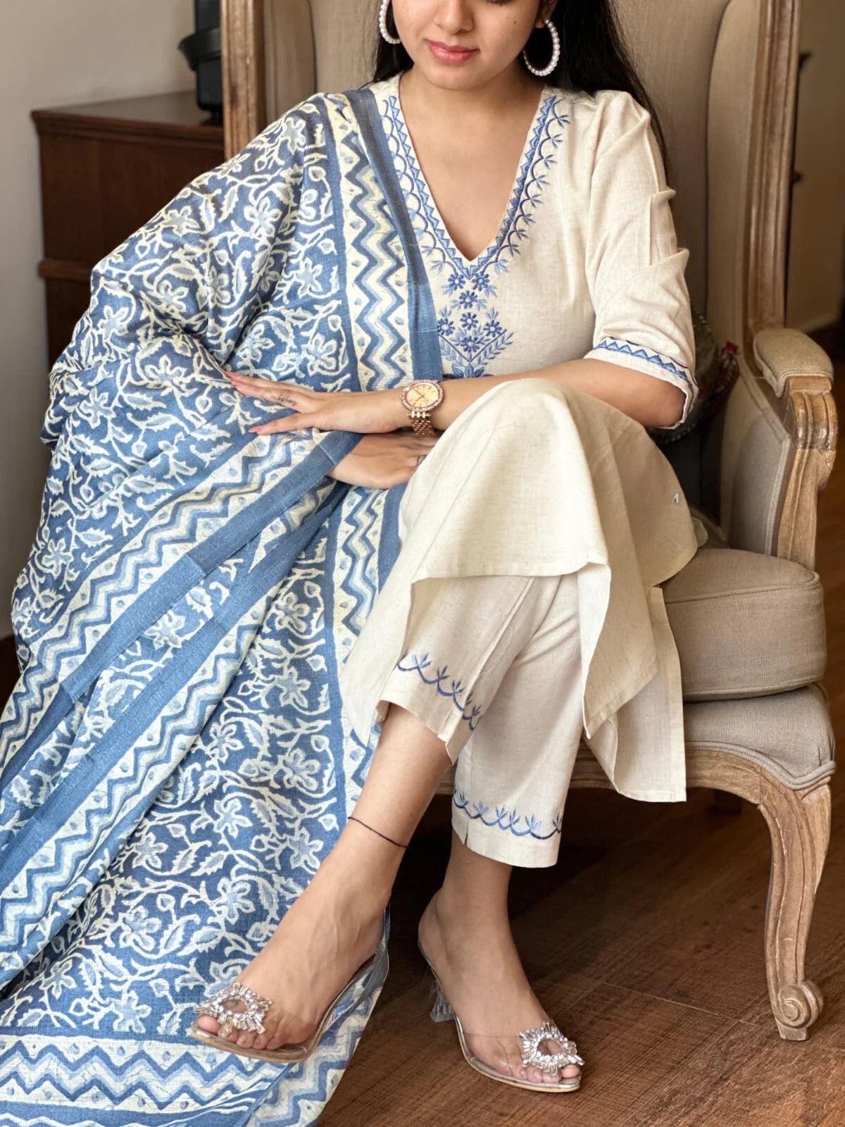 White Embroidered Anarkali with Khadi Silk Dupatta