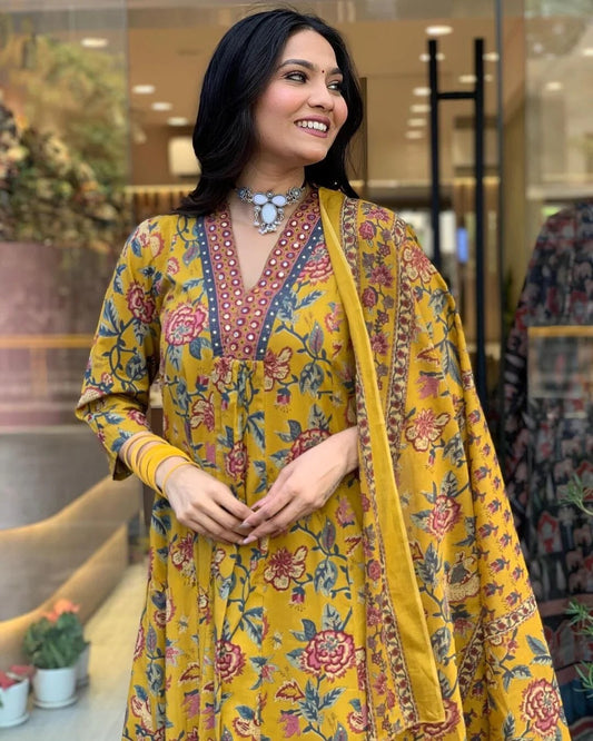 Mustard Floral A-Line Kurta Set