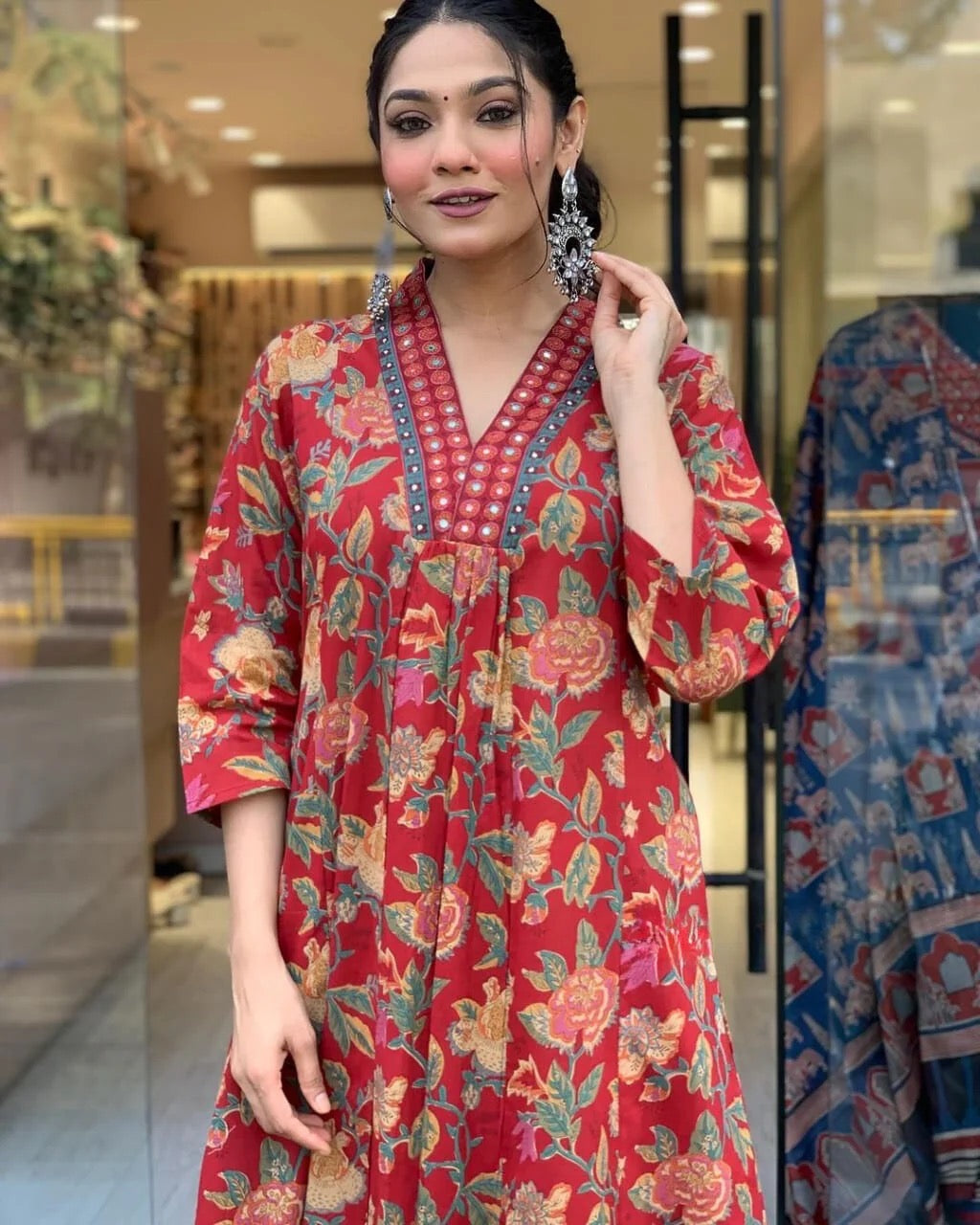 Red Floral A-Line Kurta Set