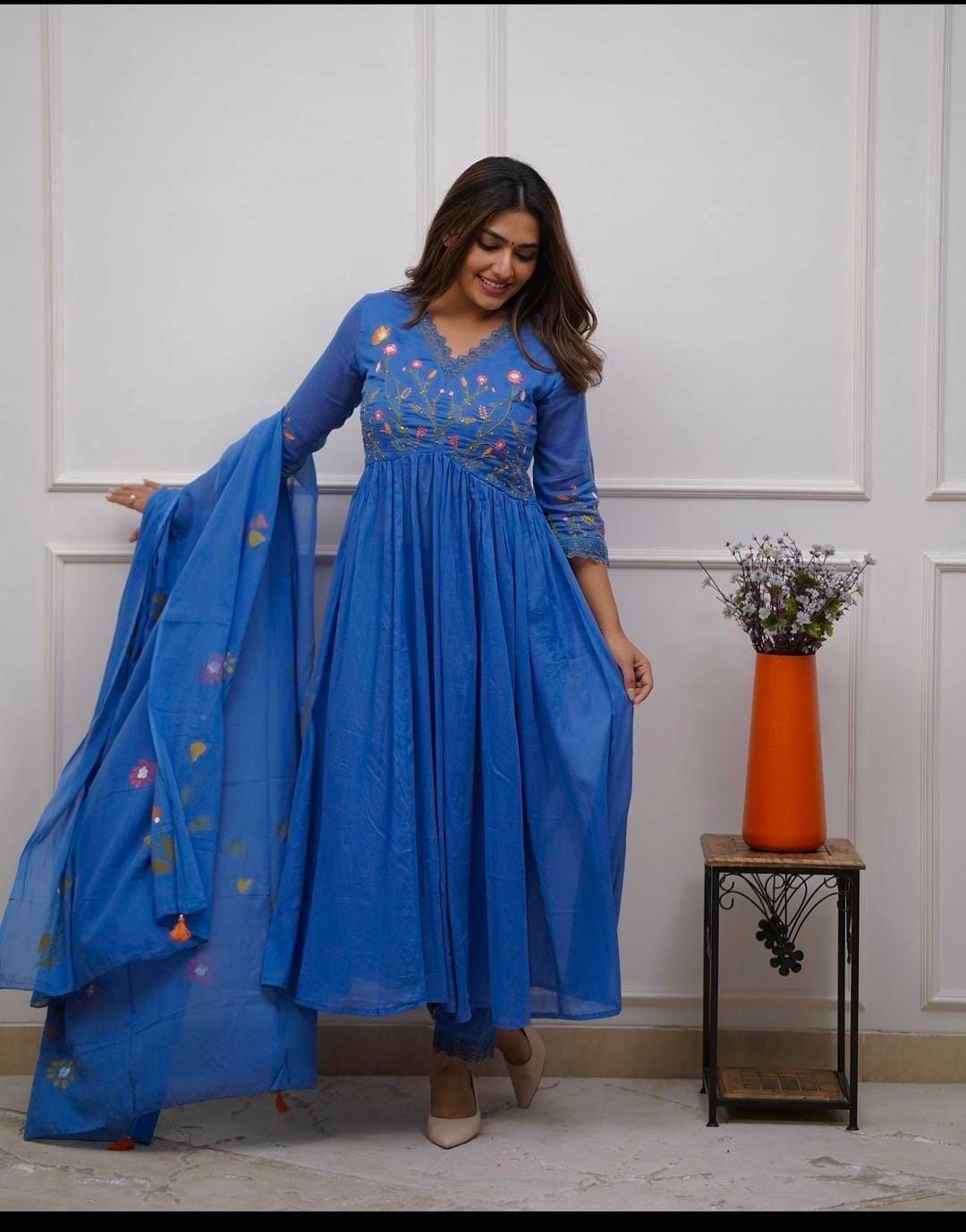 Elegant Blue Anarkali Cotton Kurta Set