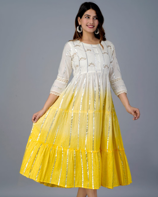 Yellow Tie-Dye Adda Handwork Dress