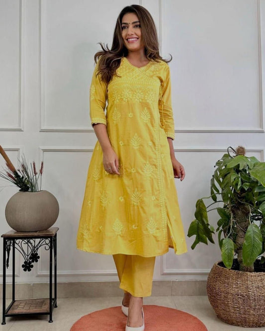 Yellow Charm: Chikankari Cotton Kurta Set