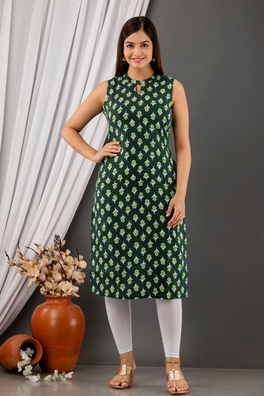 Green Charm: Sleeveless Rayon Kurta