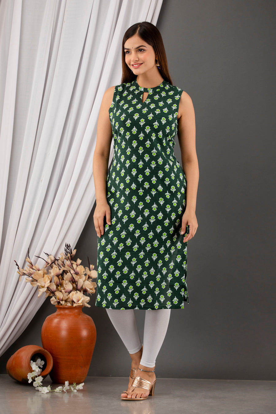 Green Charm: Sleeveless Rayon Kurta