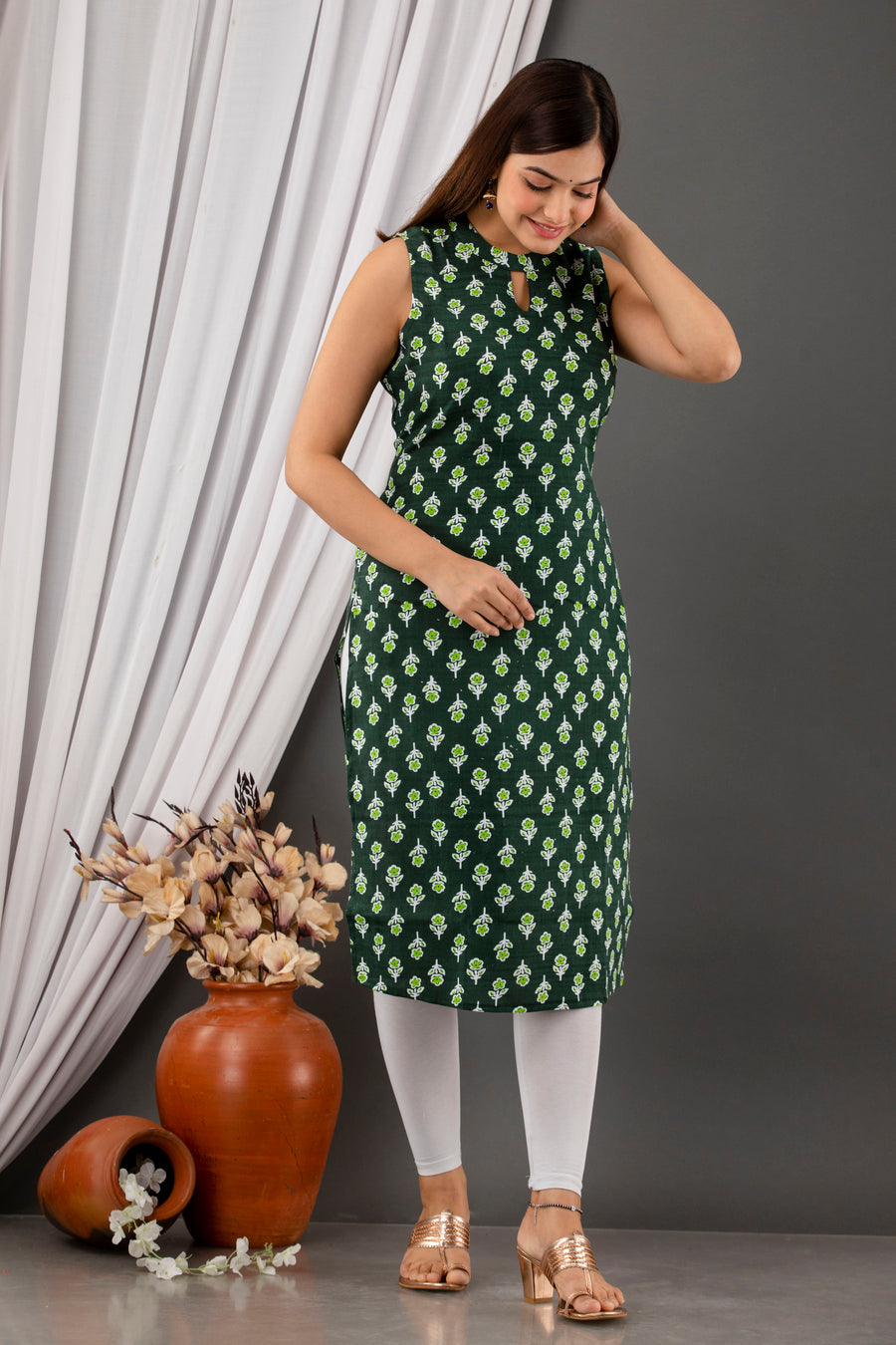 Green Charm: Sleeveless Rayon Kurta