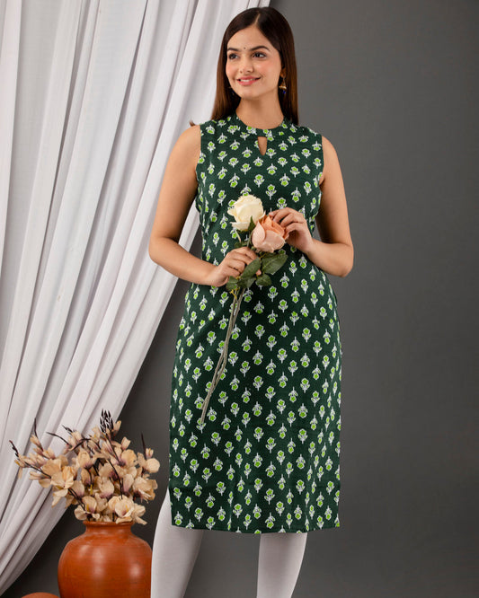 Green Charm: Sleeveless Rayon Kurta