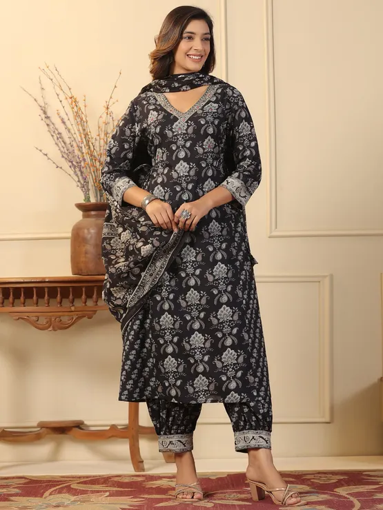 Black Charm: Adda Work Cotton Kurta Set with Block Print Dupatta