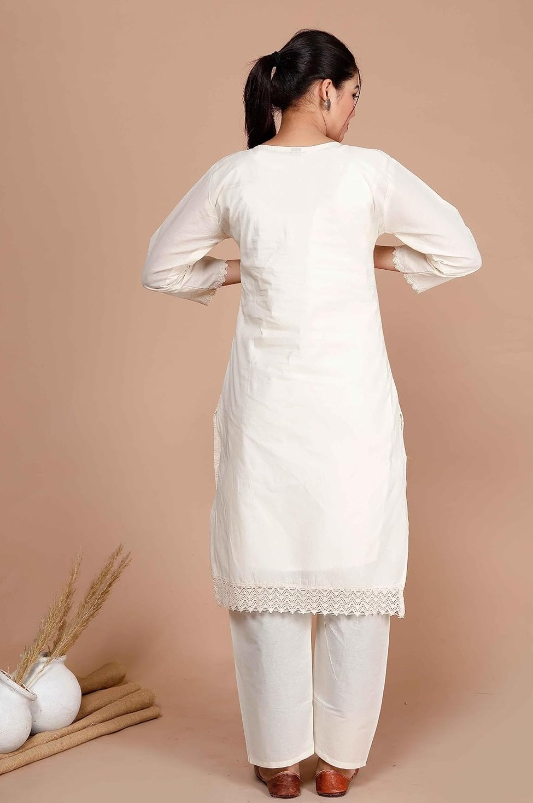 White Charm: Hand-Printed Cotton Kurta Set with Dupatta