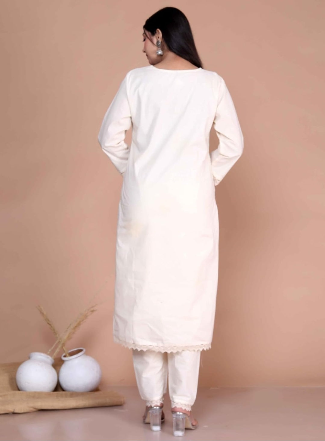 White Charm: Hand-Printed Cotton Kurta Set with Dupatta