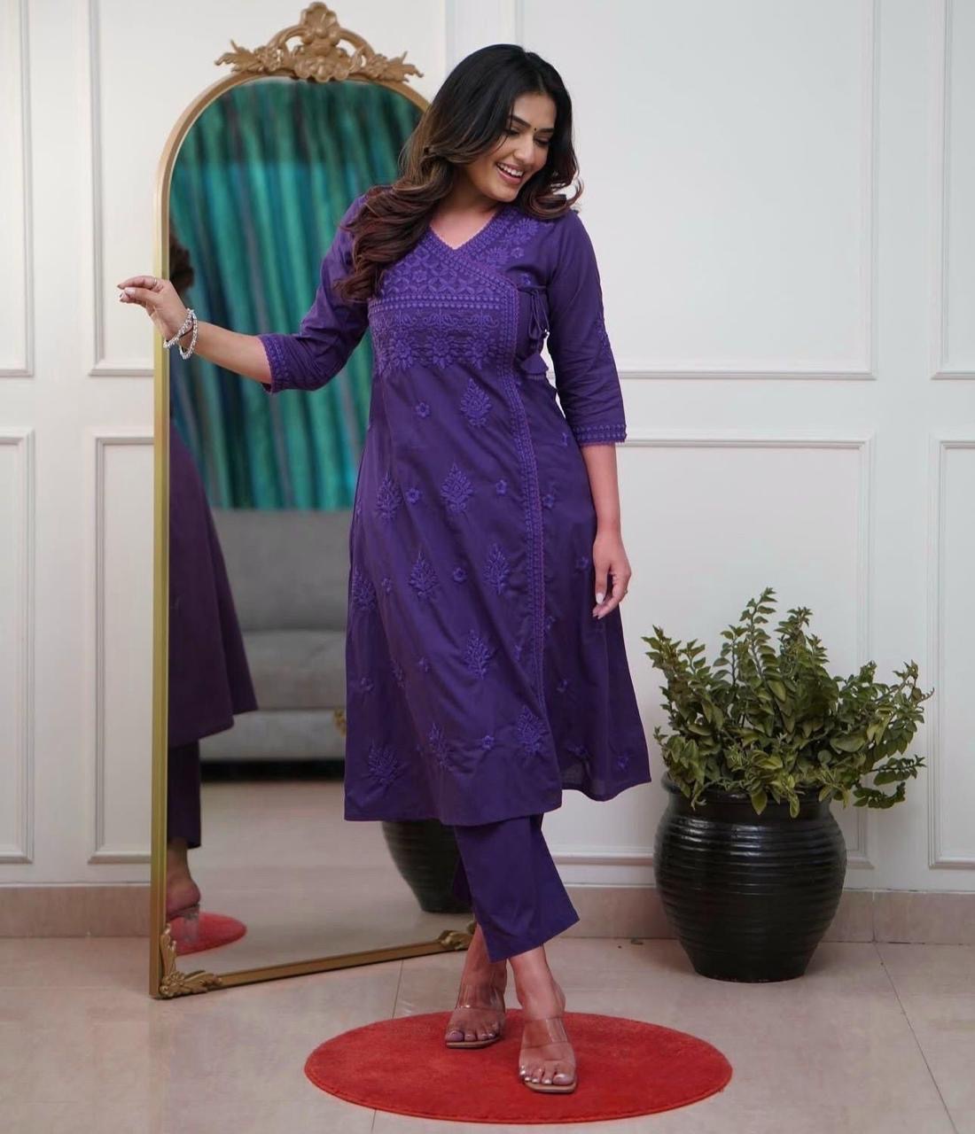 Purple Charm: Chikankari Cotton Kurta Set