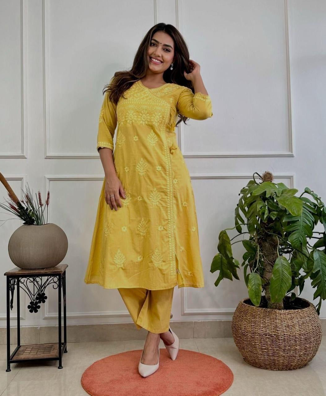 Yellow Charm: Chikankari Cotton Kurta Set