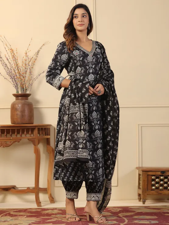 Black Charm: Adda Work Cotton Kurta Set with Block Print Dupatta