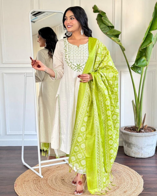 Elegant White & Green Embroidered Kurta Set