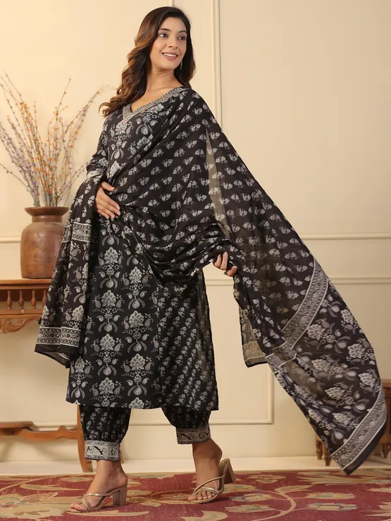 Black Charm: Adda Work Cotton Kurta Set with Block Print Dupatta