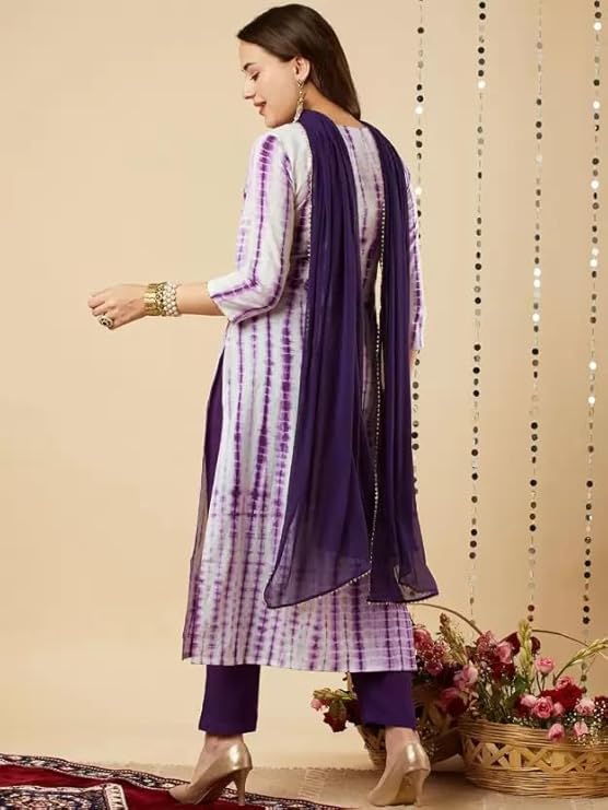 Purple Grace: Embroidered Rayon Kurta Set with Malmal Dupatta