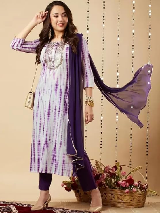 Purple Grace: Embroidered Rayon Kurta Set with Malmal Dupatta