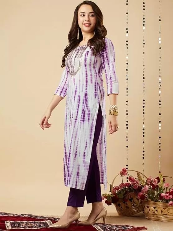 Purple Grace: Embroidered Rayon Kurta Set with Malmal Dupatta