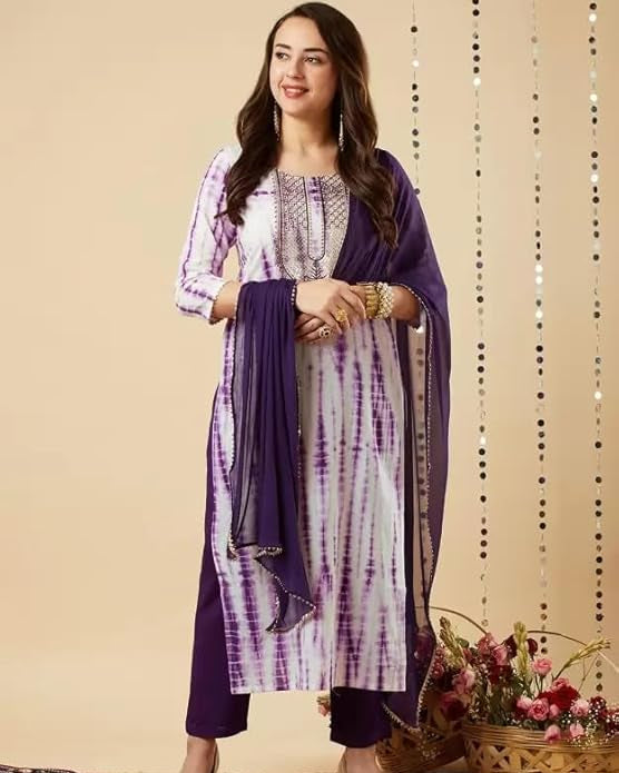 Purple Grace: Embroidered Rayon Kurta Set with Malmal Dupatta