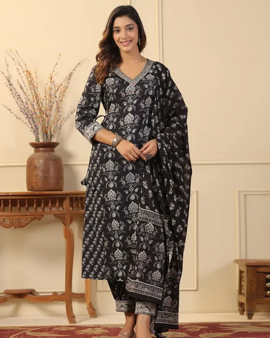 Black Charm: Adda Work Cotton Kurta Set with Block Print Dupatta