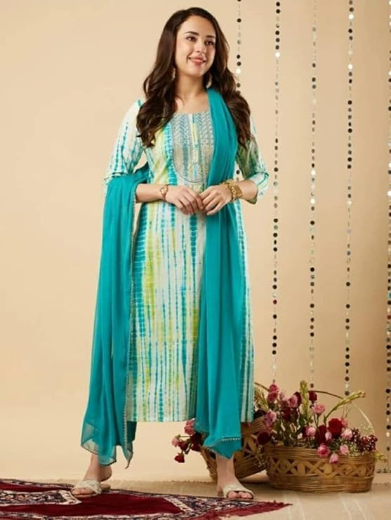 Green Elegance: Embroidered Rayon Kurta Set with Malmal Dupatta