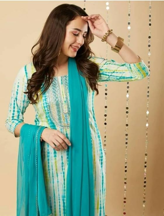 Green Elegance: Embroidered Rayon Kurta Set with Malmal Dupatta