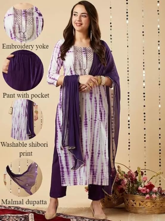 Purple Grace: Embroidered Rayon Kurta Set with Malmal Dupatta