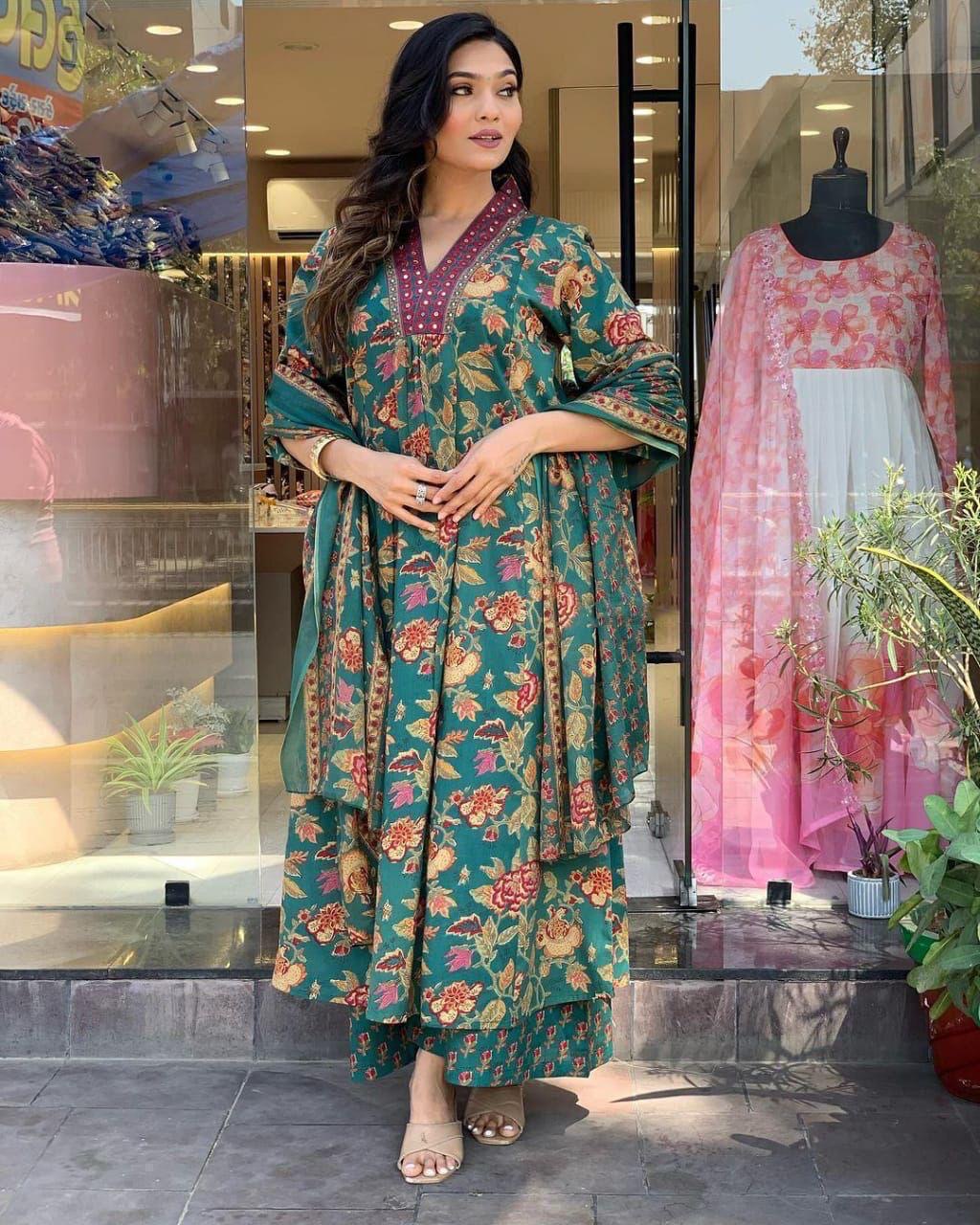 Green Floral A-Line Kurta Set