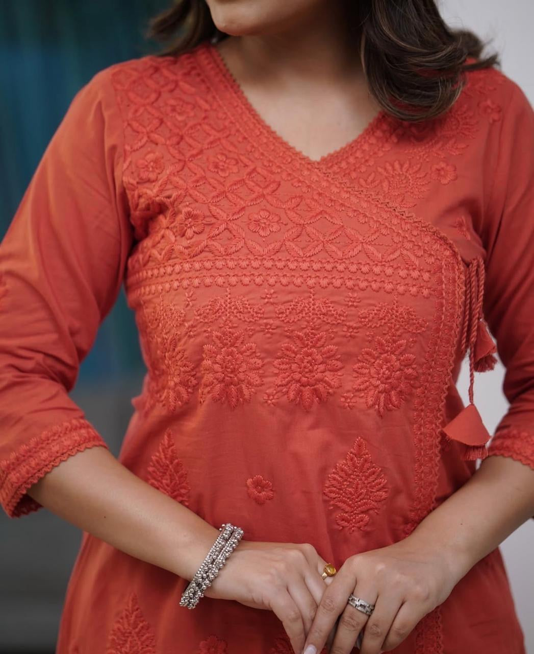 Red Charm: Chikankari Cotton Kurta Set