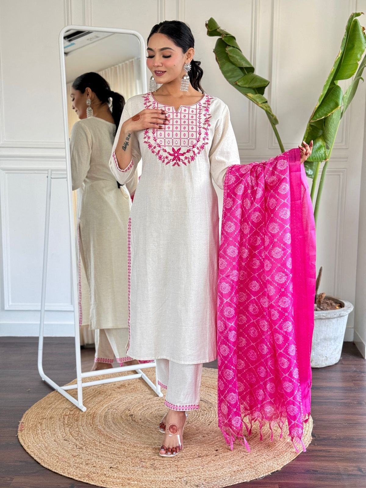 Elegant White & Pink Embroidered Kurta Set