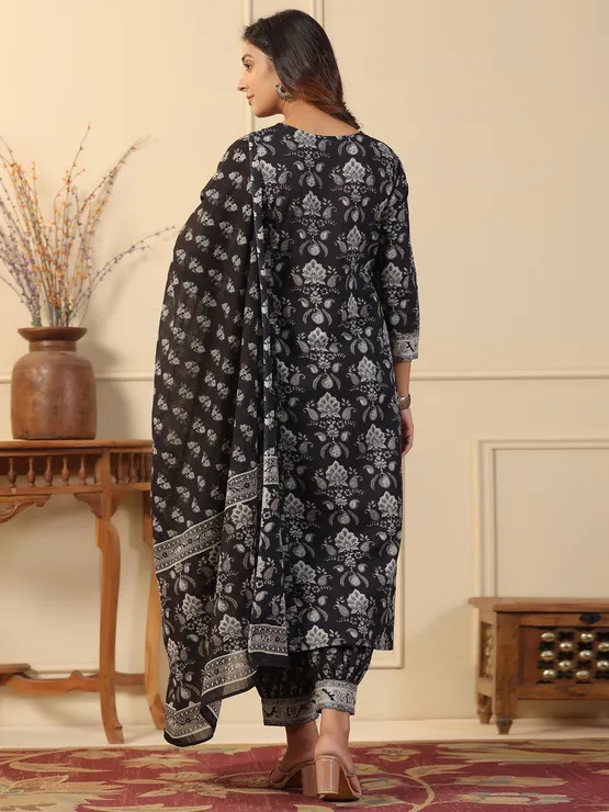 Black Charm: Adda Work Cotton Kurta Set with Block Print Dupatta