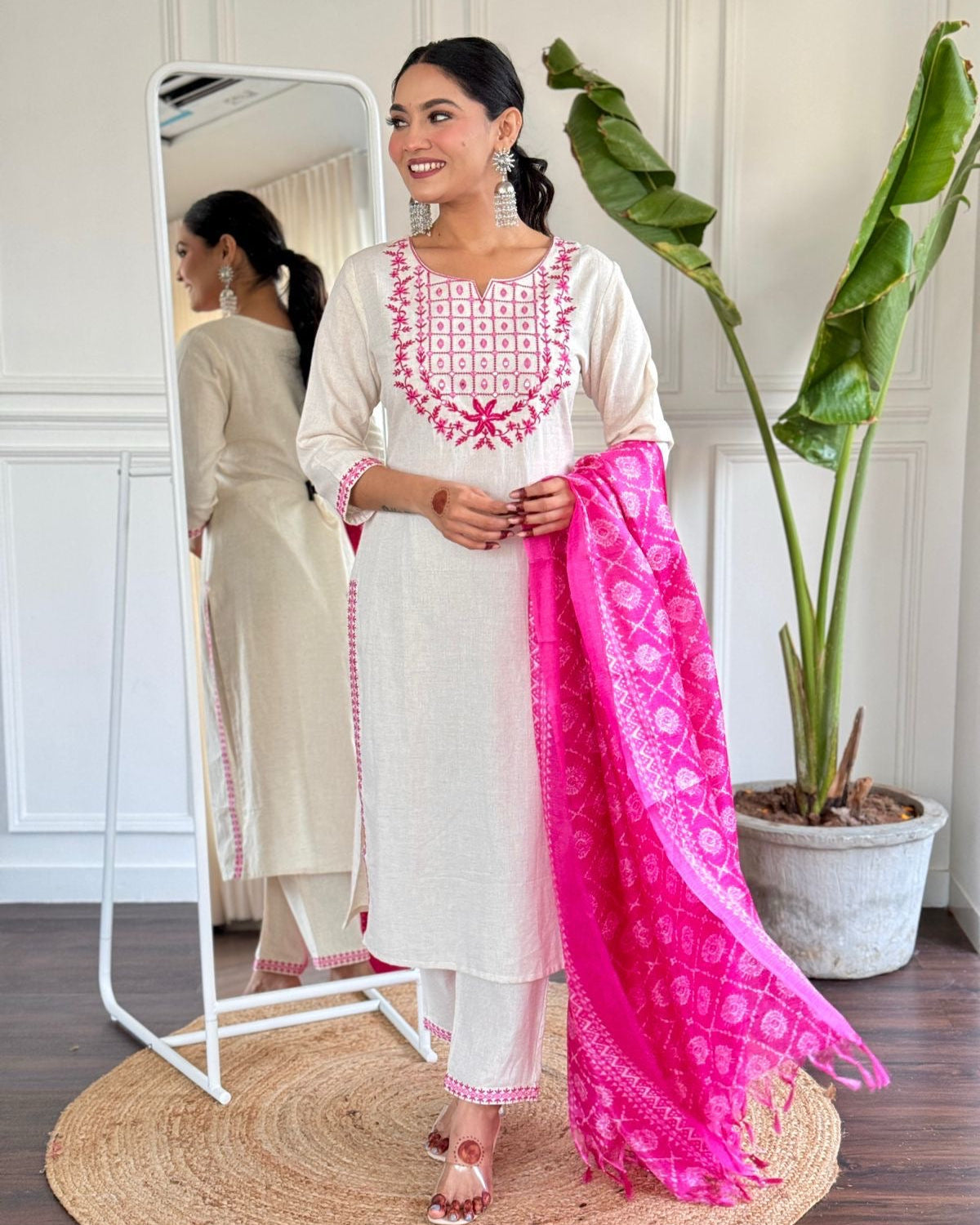 Elegant White & Pink Embroidered Kurta Set