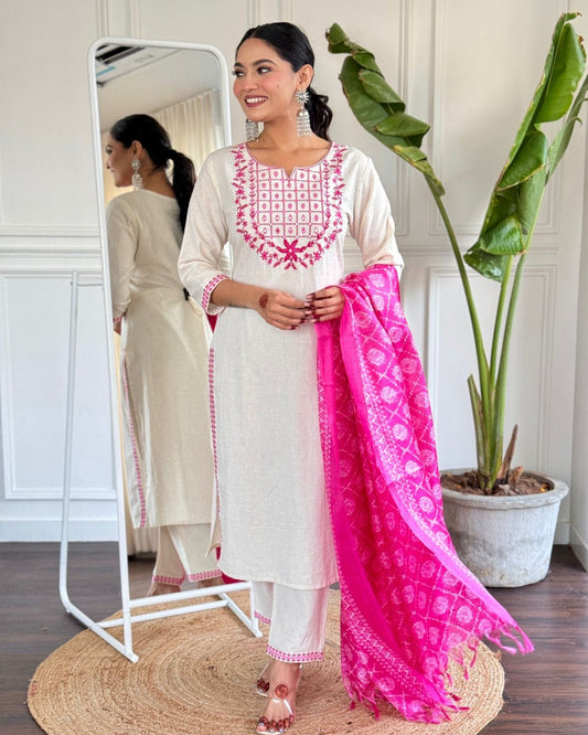 Elegant White & Pink Embroidered Kurta Set