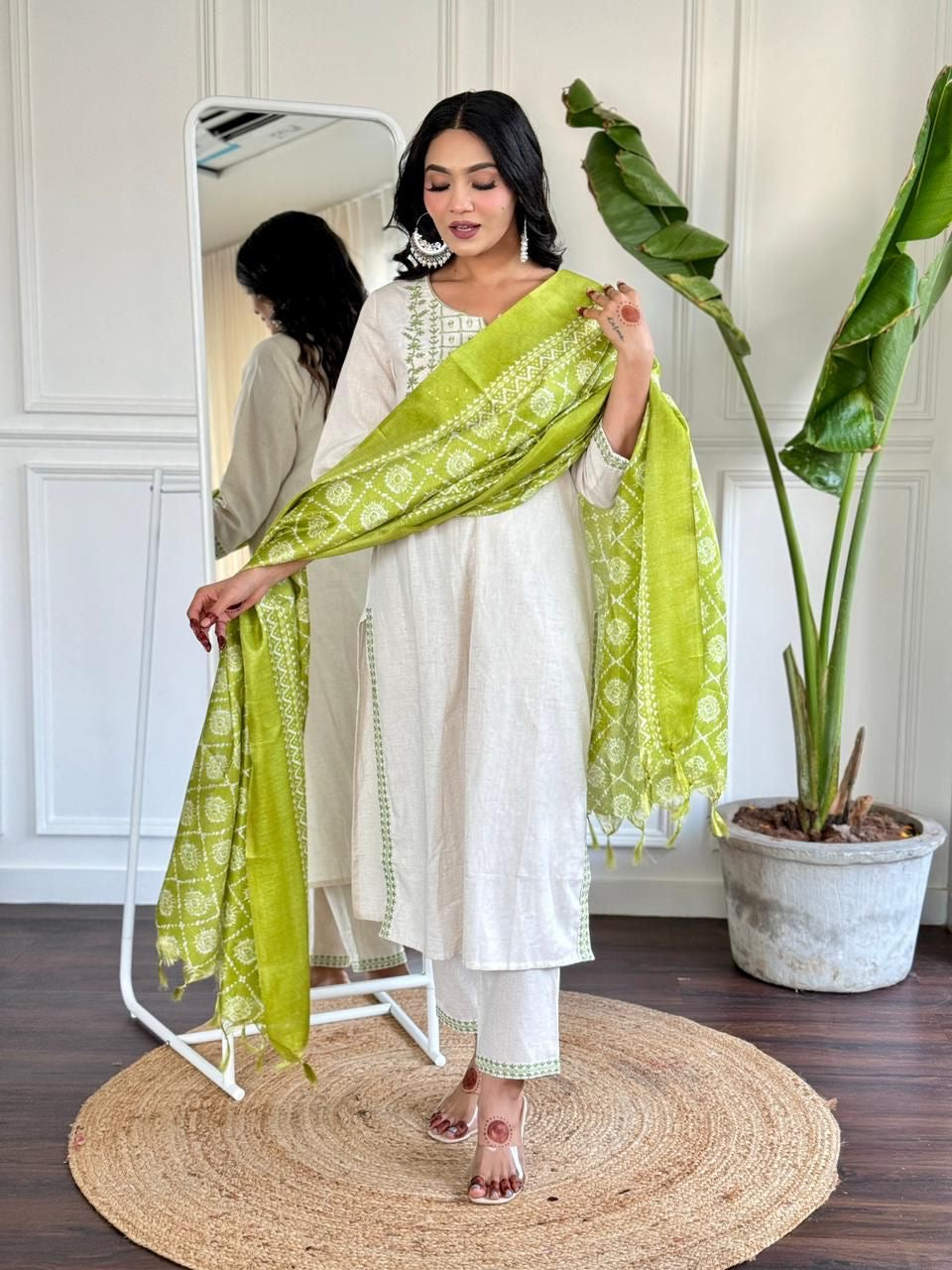 Elegant White & Green Embroidered Kurta Set
