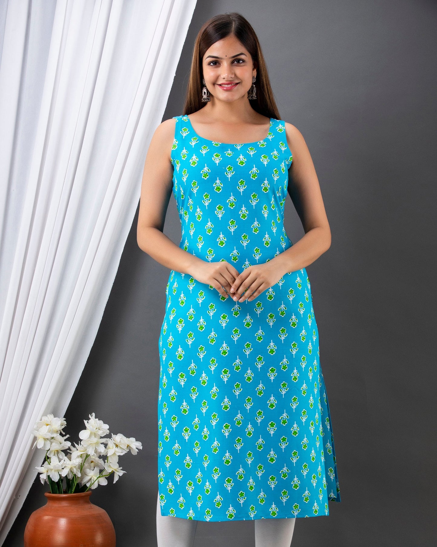 Turquoise Blossom: Sleeveless Rayon Kurta