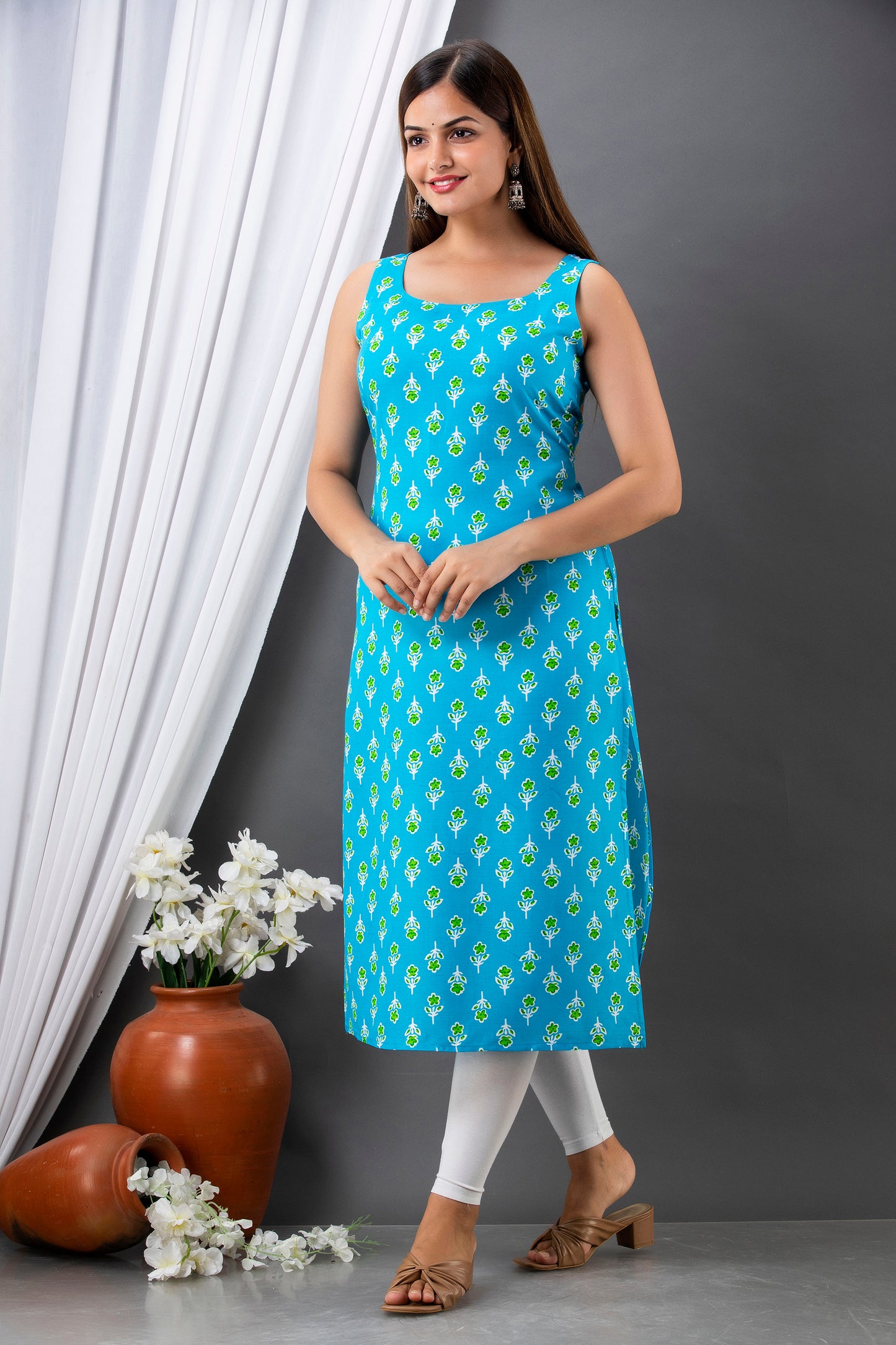 Turquoise Blossom: Sleeveless Rayon Kurta