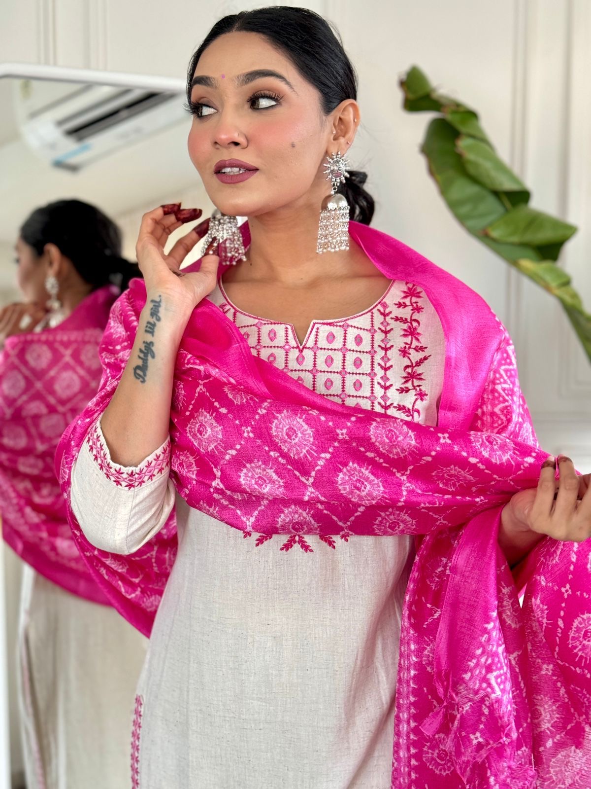 Elegant White & Pink Embroidered Kurta Set