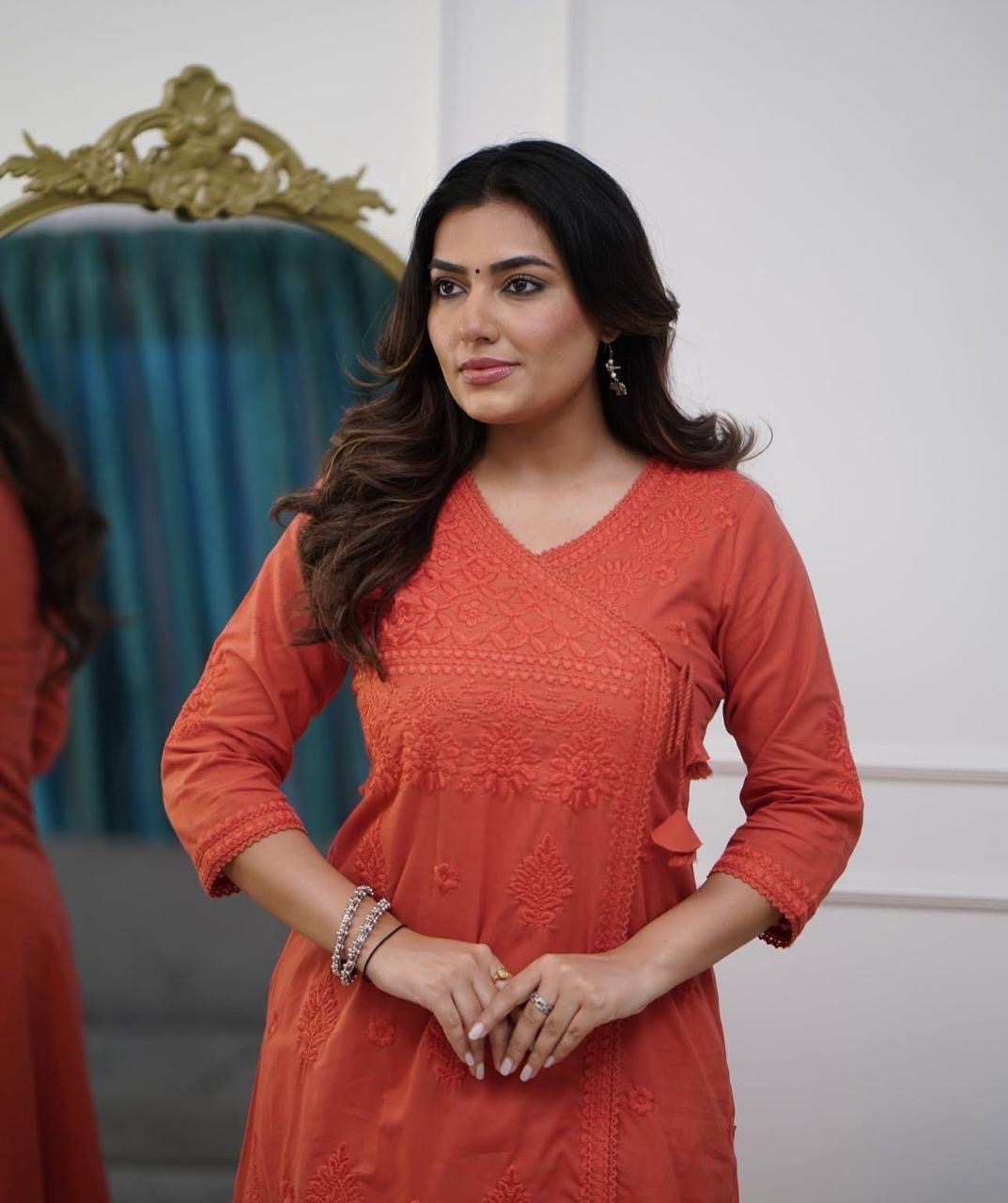 Red Charm: Chikankari Cotton Kurta Set