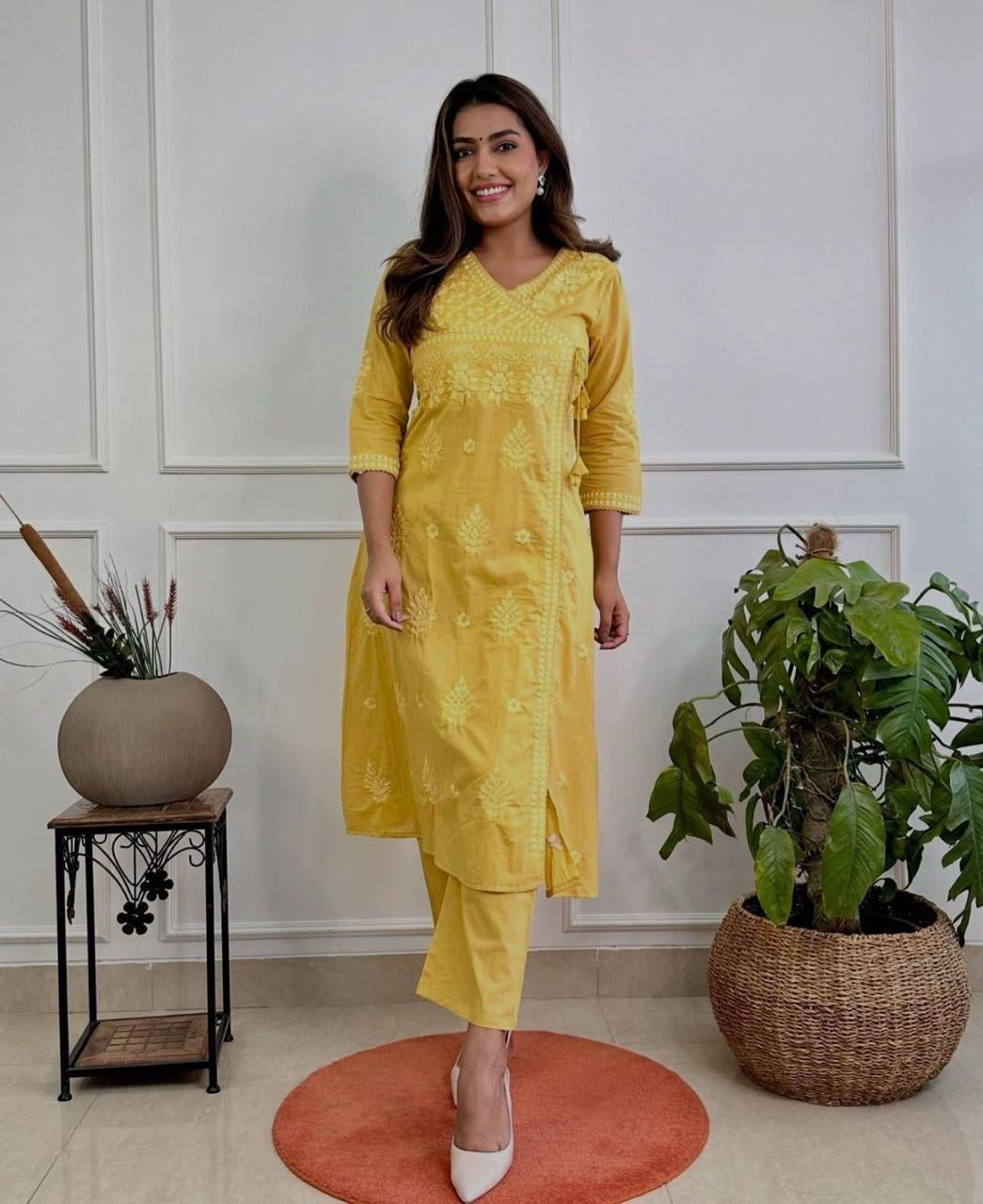Yellow Charm: Chikankari Cotton Kurta Set