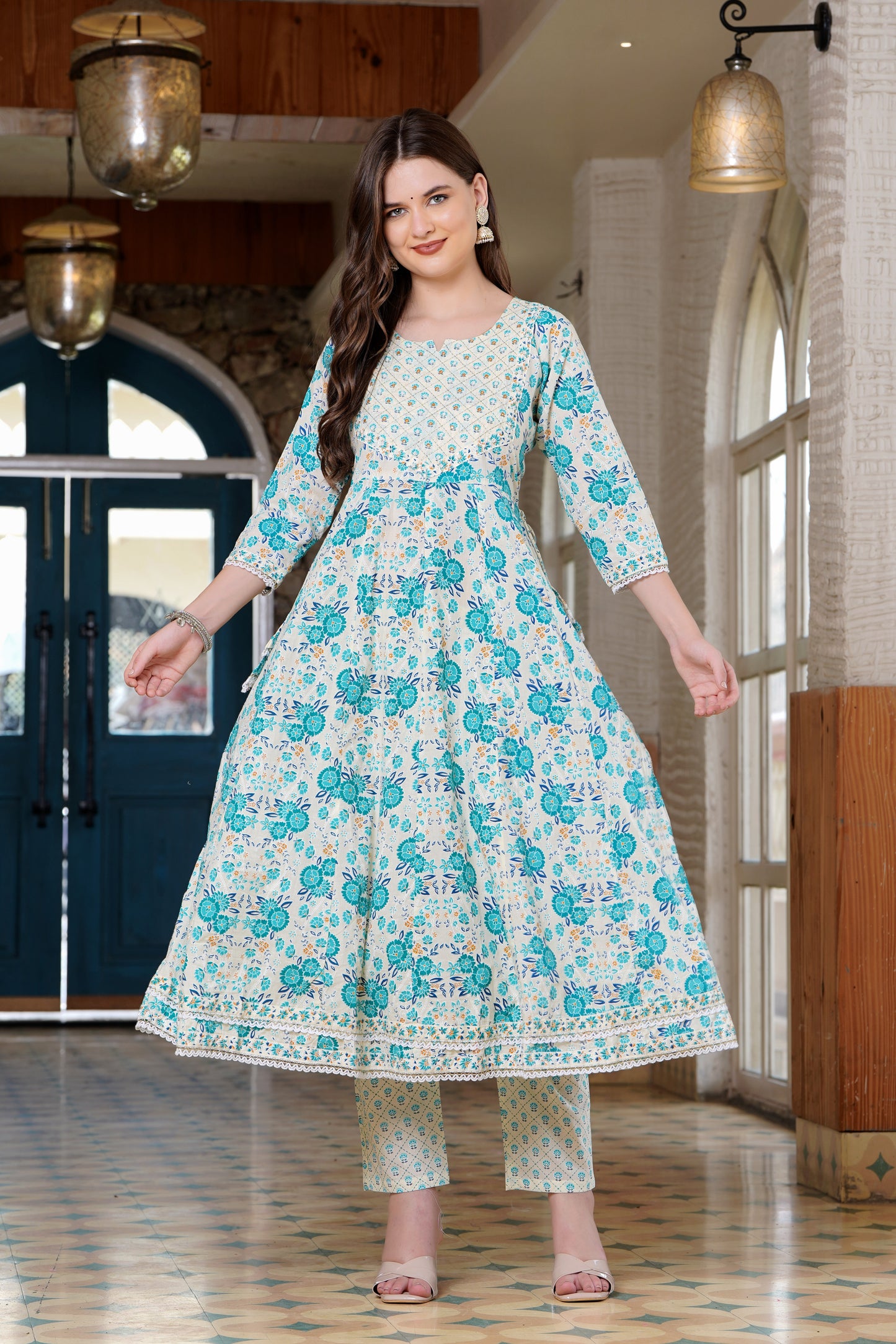 Turquoise Radiance: Anarkali Cotton Kurta Set