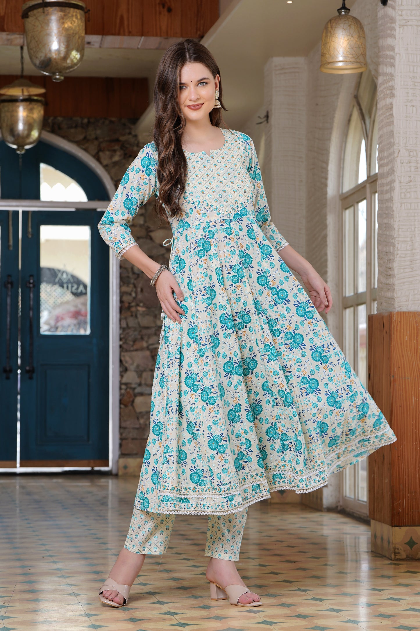 Turquoise Radiance: Anarkali Cotton Kurta Set