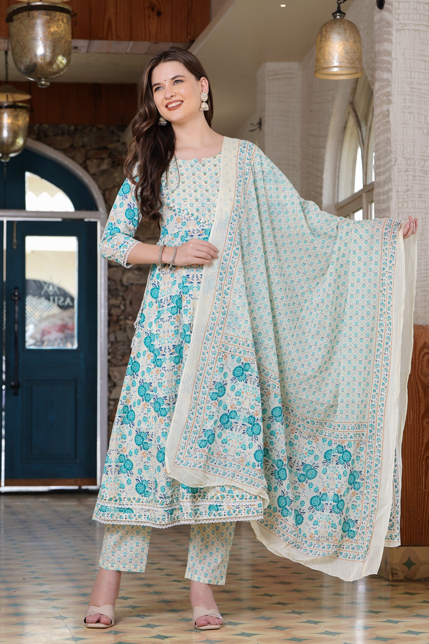 Turquoise Radiance: Anarkali Cotton Kurta Set