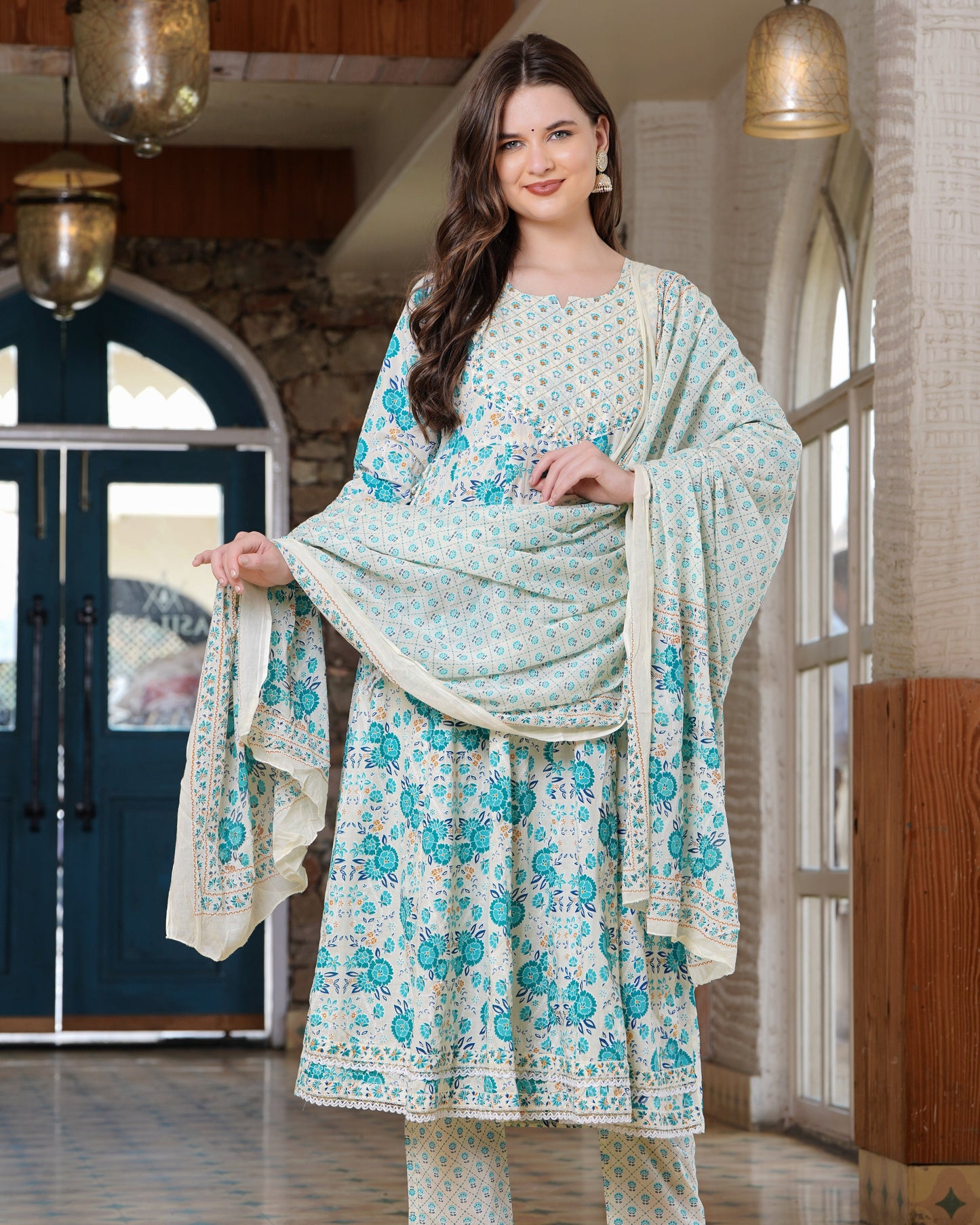 Turquoise Radiance: Anarkali Cotton Kurta Set