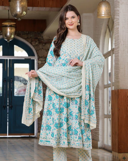 Turquoise Radiance: Anarkali Cotton Kurta Set