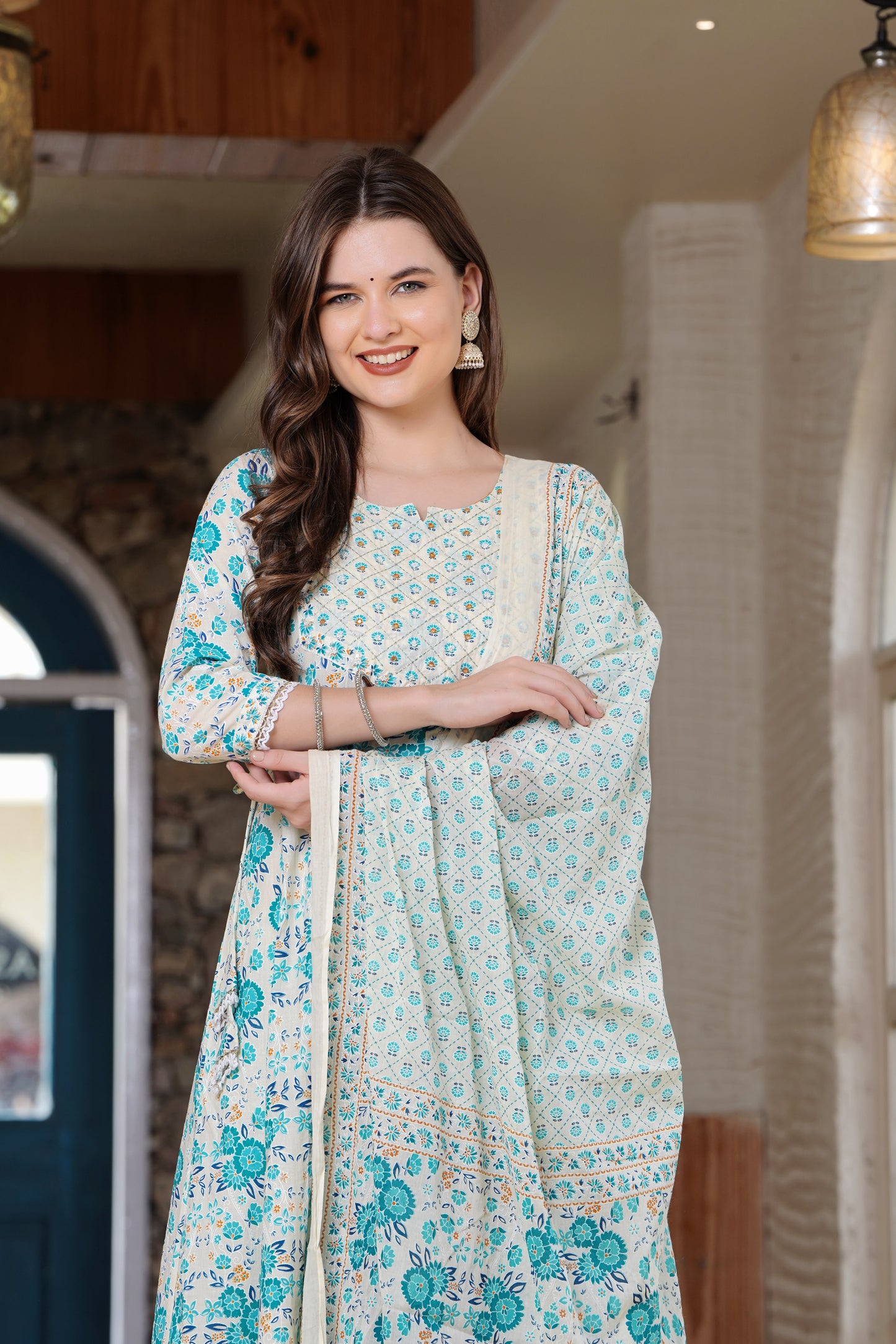 Turquoise Radiance: Anarkali Cotton Kurta Set